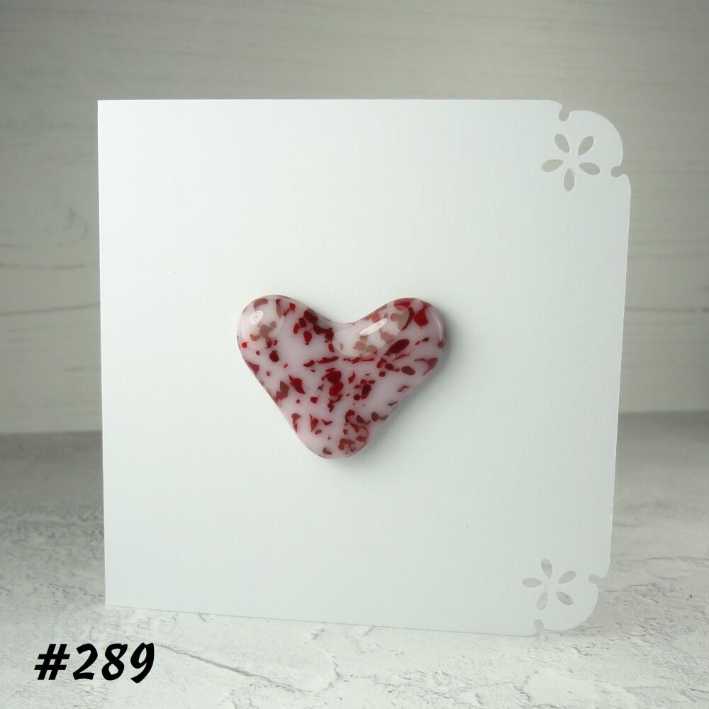 Handcrafted red & pink speckled fused glass heart greeting card any occasion love romance anniversary - 10cm card 4cm heart (#289)