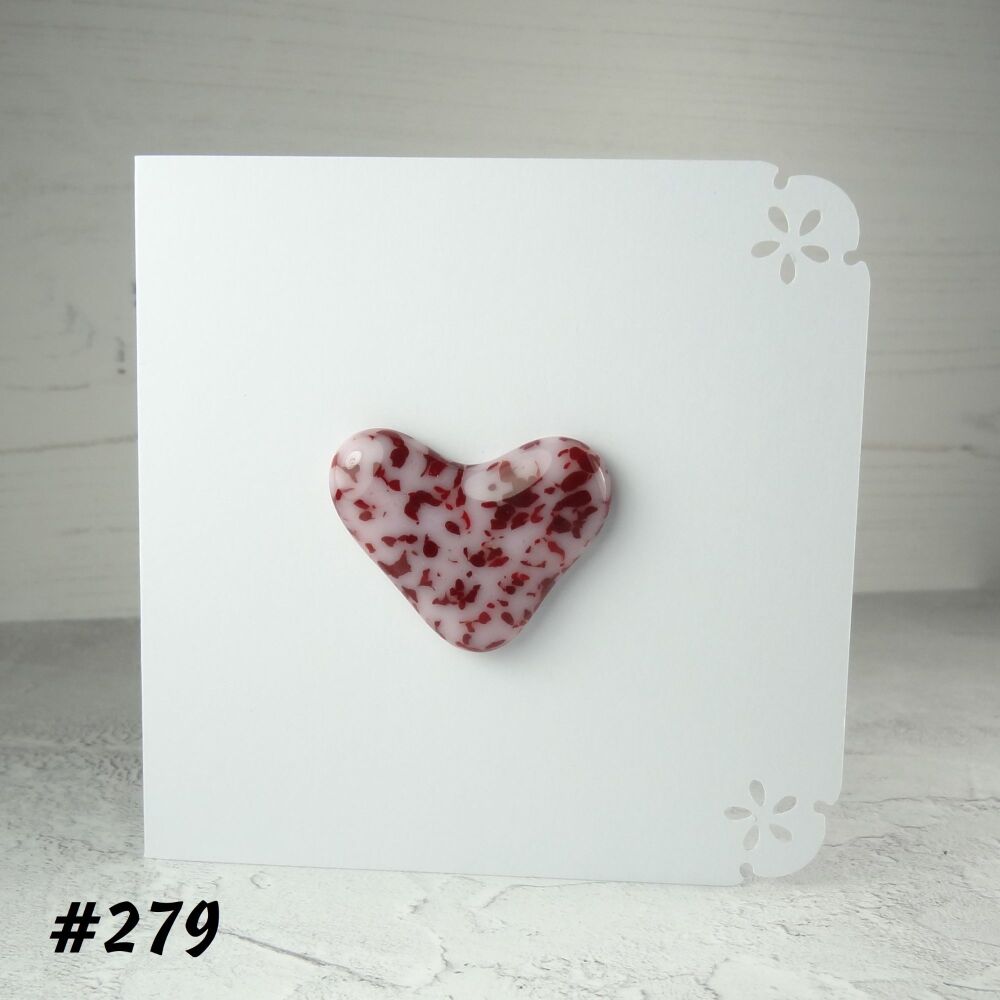 Handcrafted red & pink speckled fused glass heart greeting card any occasion love romance anniversary - 10cm card 4cm heart (#279)