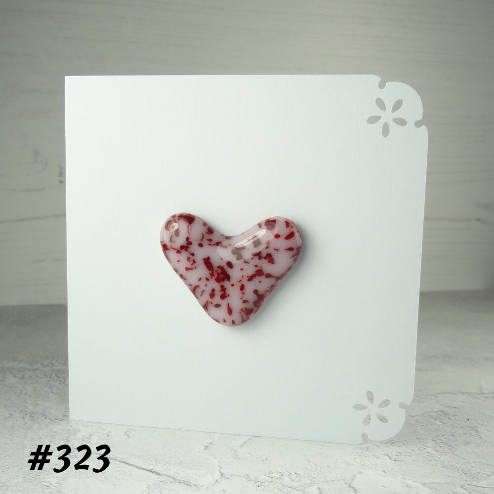 Handcrafted red & pink speckled fused glass heart greeting card any occasion love romance anniversary - 10cm card 4cm heart (#323)
