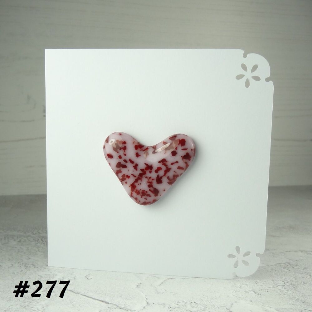 Handcrafted red & pink speckled fused glass heart greeting card any occasion love romance anniversary - 10cm card 4cm heart (#277)