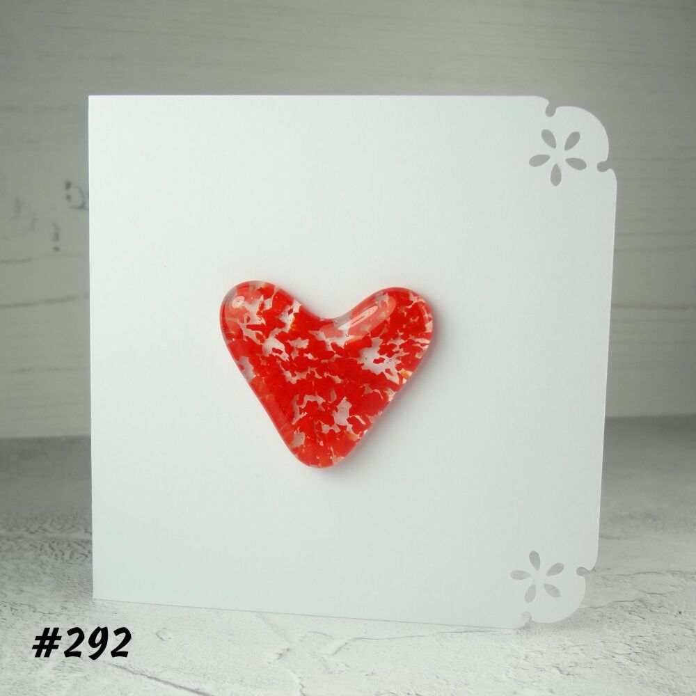 Handcrafted red speckled fused glass heart greeting card any occasion love romance anniversary - 10cm card 4cm heart (#292)
