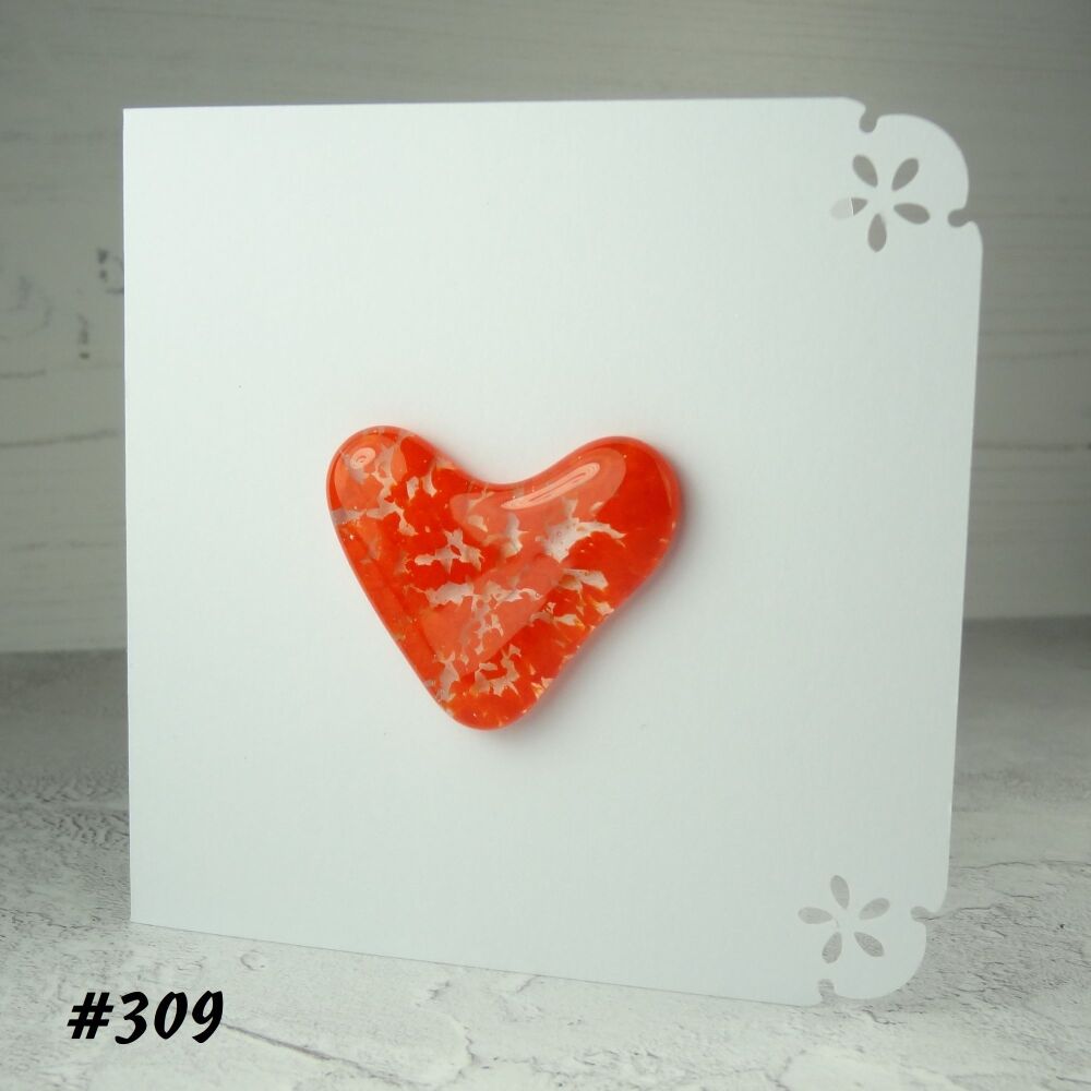 Handcrafted red speckled fused glass heart greeting card any occasion love romance anniversary - 10cm card 4cm heart (#309)