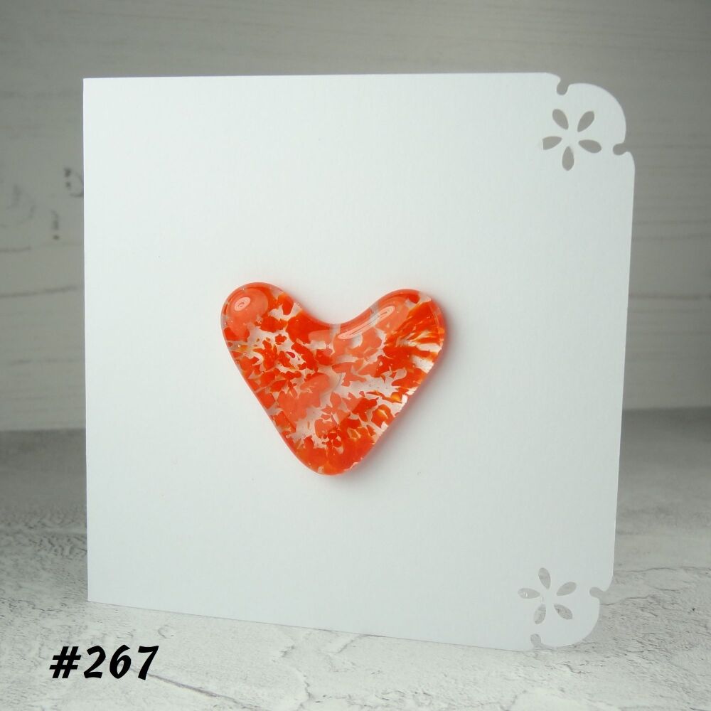 Handcrafted red speckled fused glass heart greeting card any occasion love romance anniversary - 10cm card 4cm heart (#267)