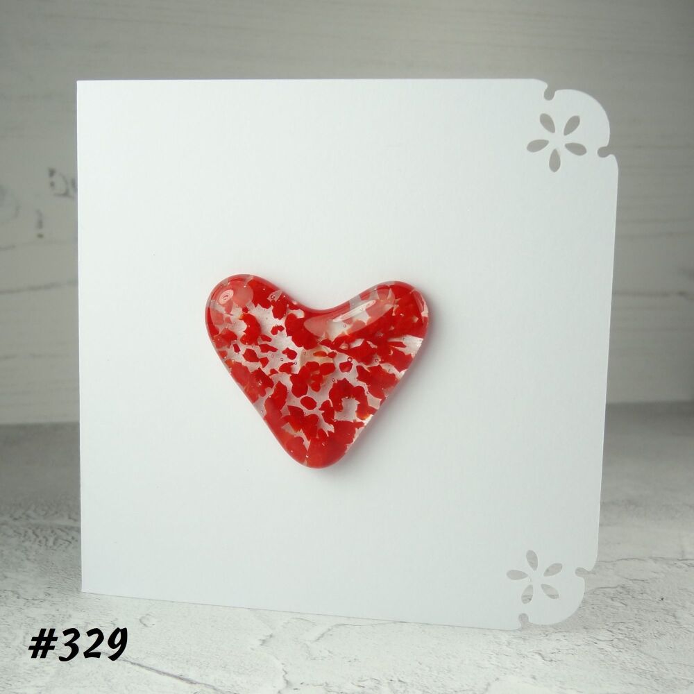 Handcrafted red speckled fused glass heart greeting card any occasion love romance anniversary - 10cm card 4cm heart (#329)