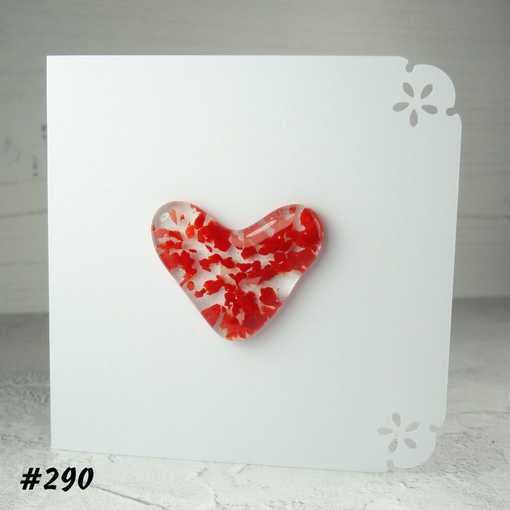 Handcrafted red speckled fused glass heart greeting card any occasion love romance anniversary - 10cm card 4cm heart (#290)