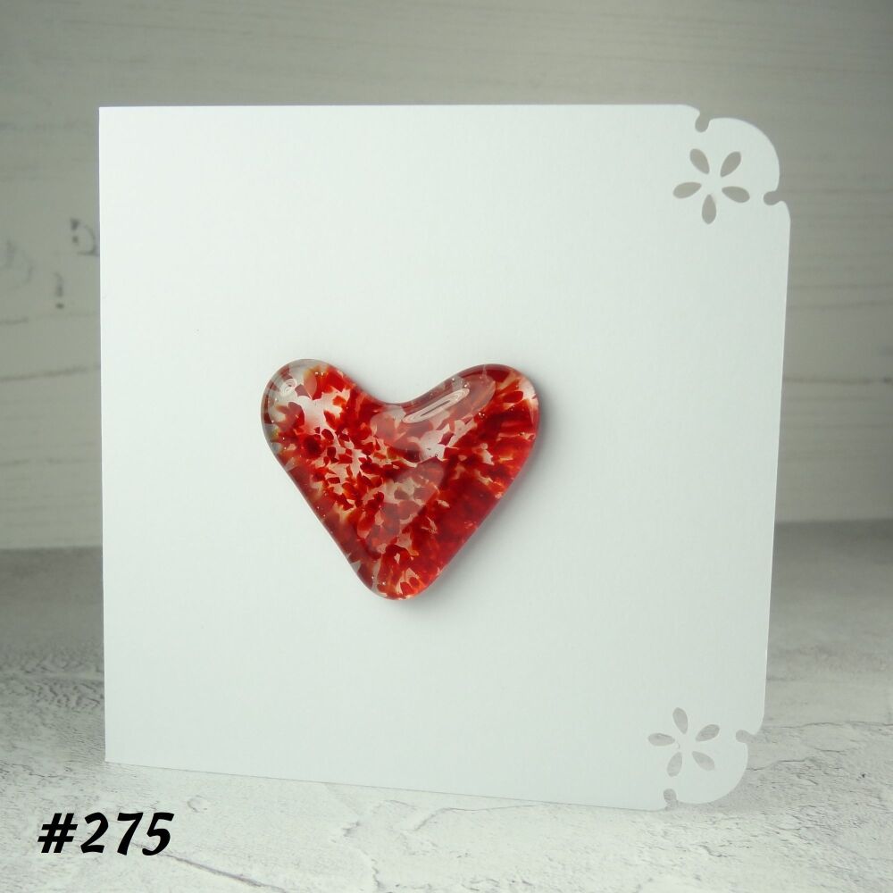 Handcrafted red speckled fused glass heart greeting card any occasion love romance anniversary - 10cm card 4cm heart (#275)