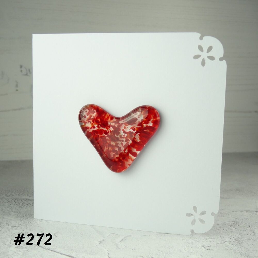 Handcrafted red speckled fused glass heart greeting card any occasion love romance anniversary - 10cm card 4cm heart (#272)