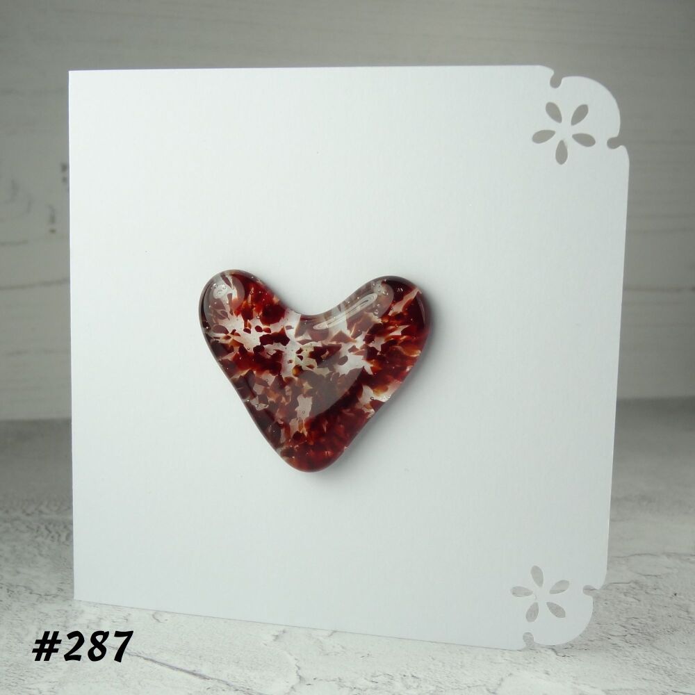 Handcrafted red speckled fused glass heart greeting card any occasion love romance anniversary - 10cm card 4cm heart (#287)