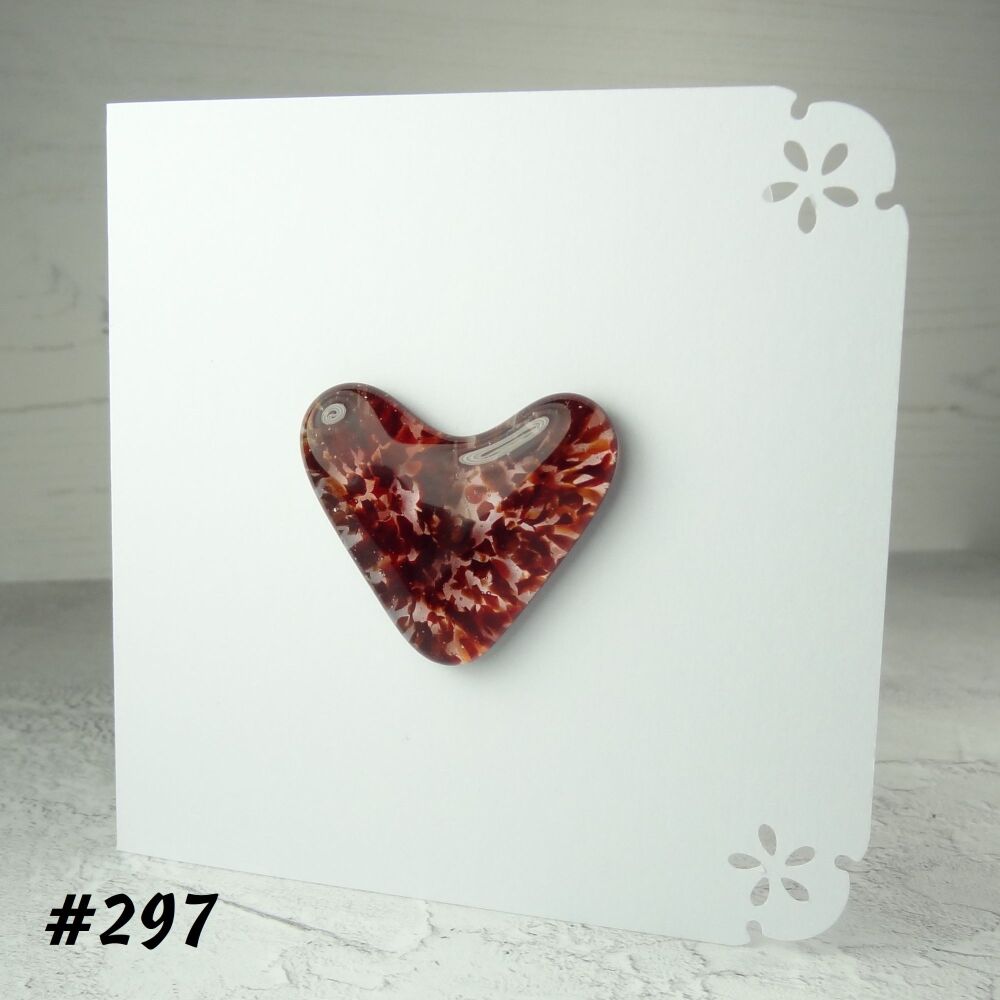 Handcrafted red speckled fused glass heart greeting card any occasion love romance anniversary - 10cm card 4cm heart (#297)