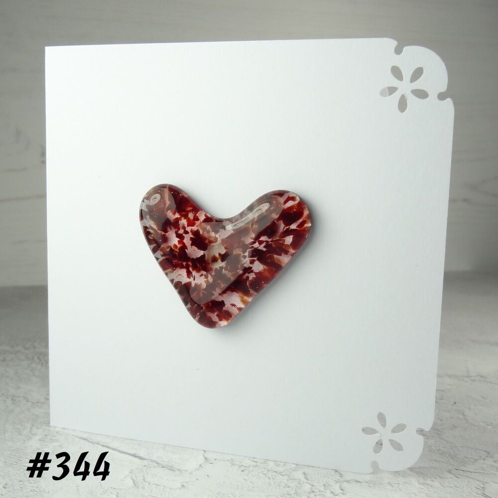 Handcrafted red speckled fused glass heart greeting card any occasion love romance anniversary - 10cm card 4cm heart (#344)