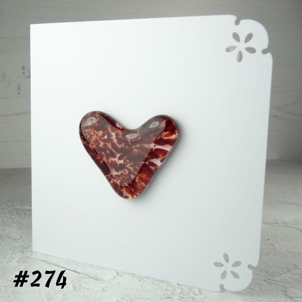 Handcrafted red speckled fused glass heart greeting card any occasion love romance anniversary - 10cm card 4cm heart (#274)
