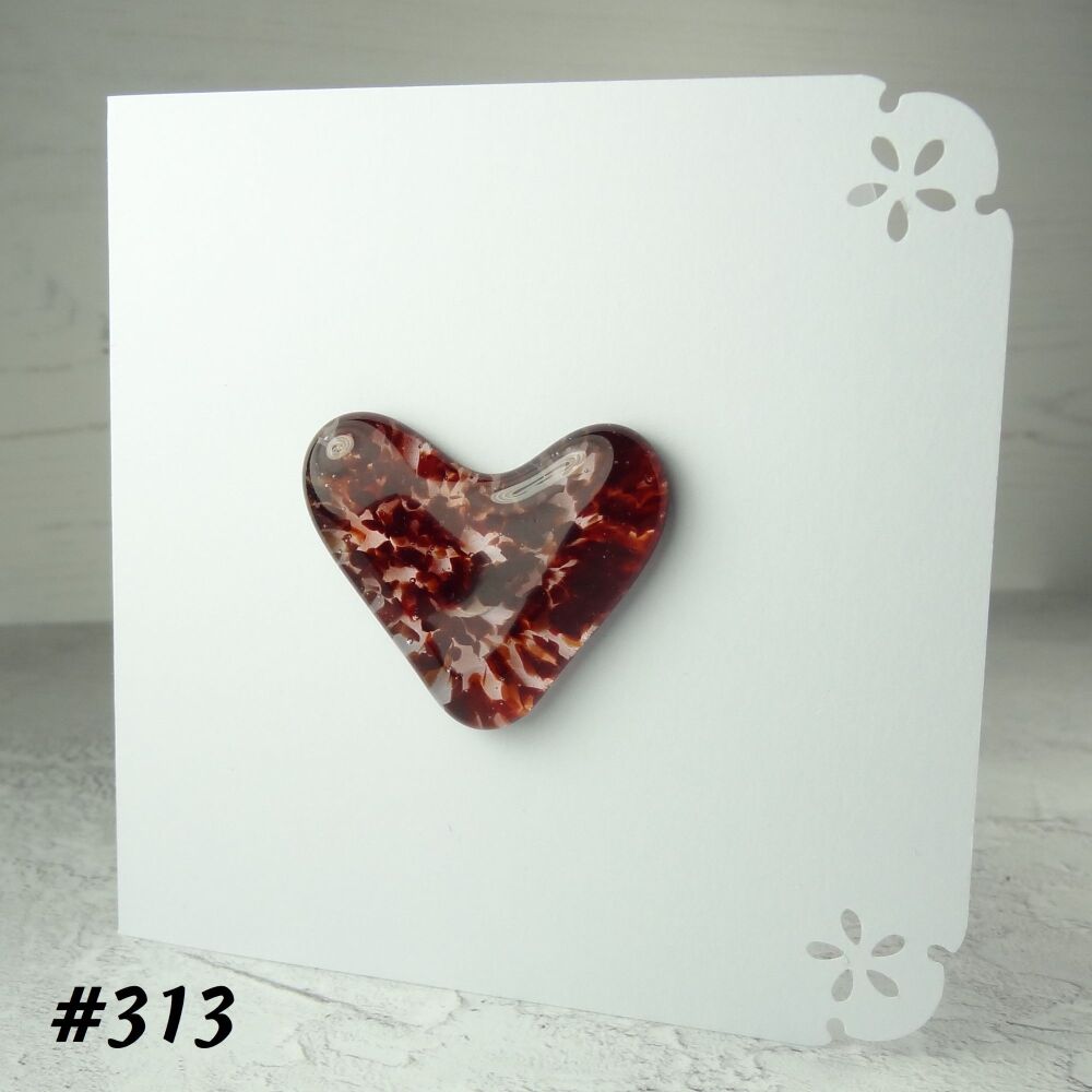 Handcrafted red speckled fused glass heart greeting card any occasion love romance anniversary - 10cm card 4cm heart (#313)
