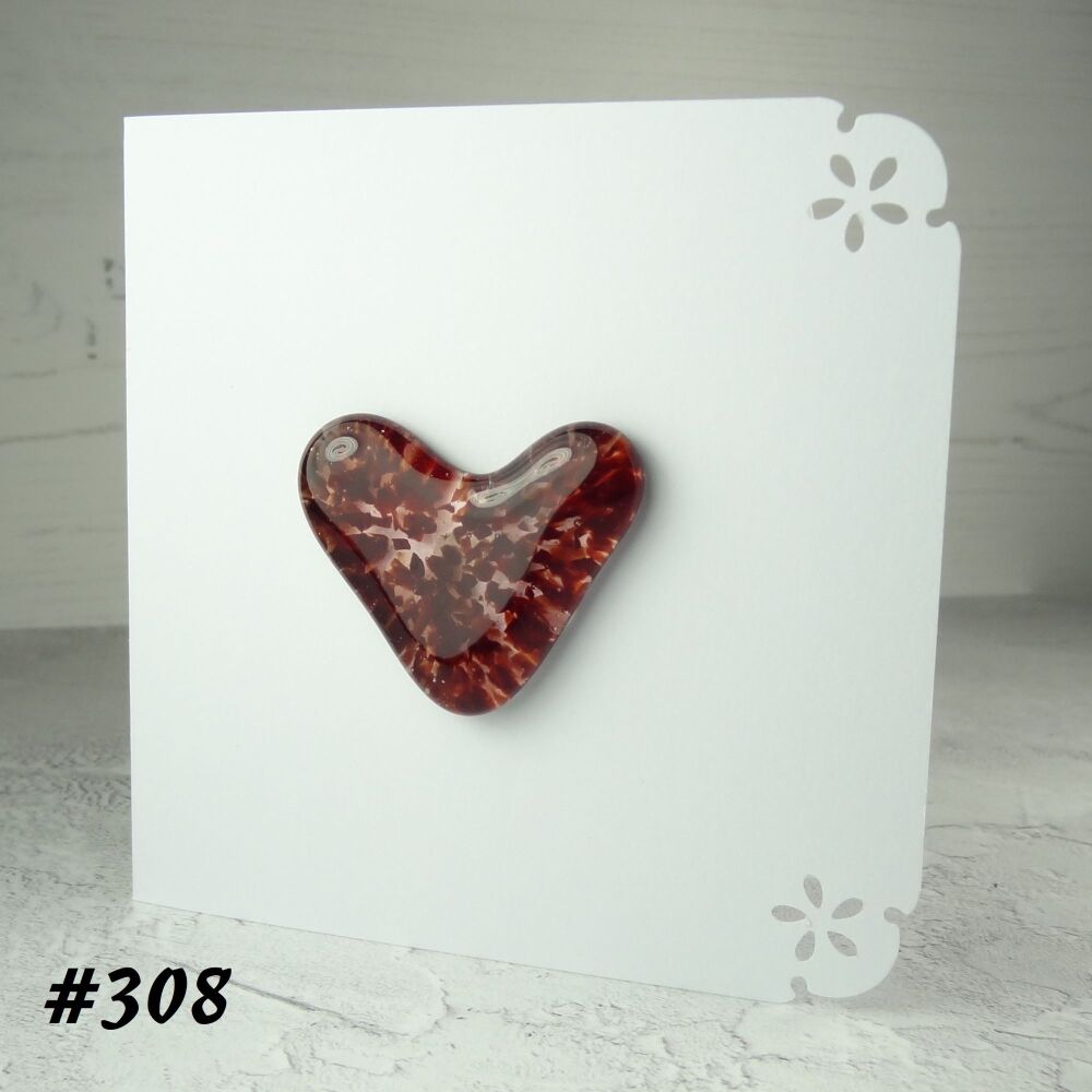 Handcrafted red speckled fused glass heart greeting card any occasion love romance anniversary - 10cm card 4cm heart (#308)