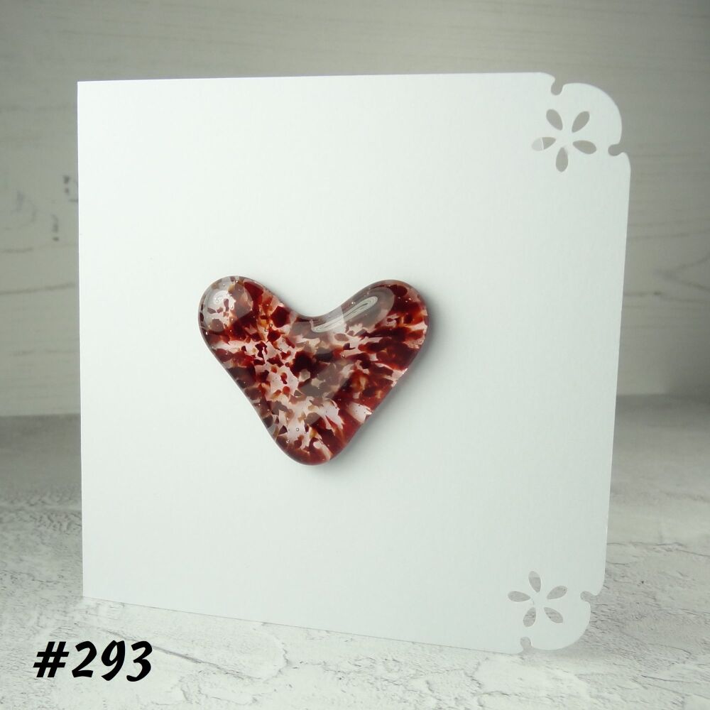 Handcrafted red speckled fused glass heart greeting card any occasion love romance anniversary - 10cm card 4cm heart (#293)