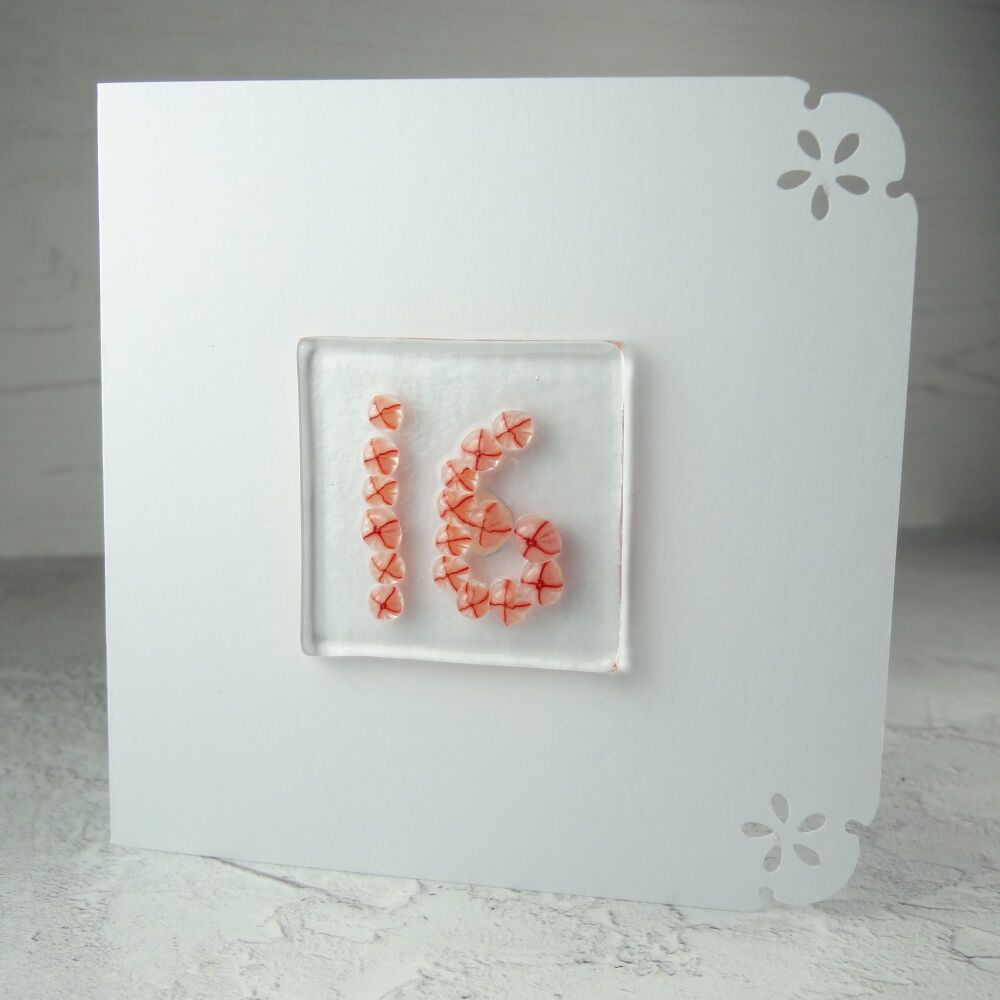 Milestone/significant age "16" handcrafted fused Murrini glass blank birthday card - 10cm card, 4cm glass (red)