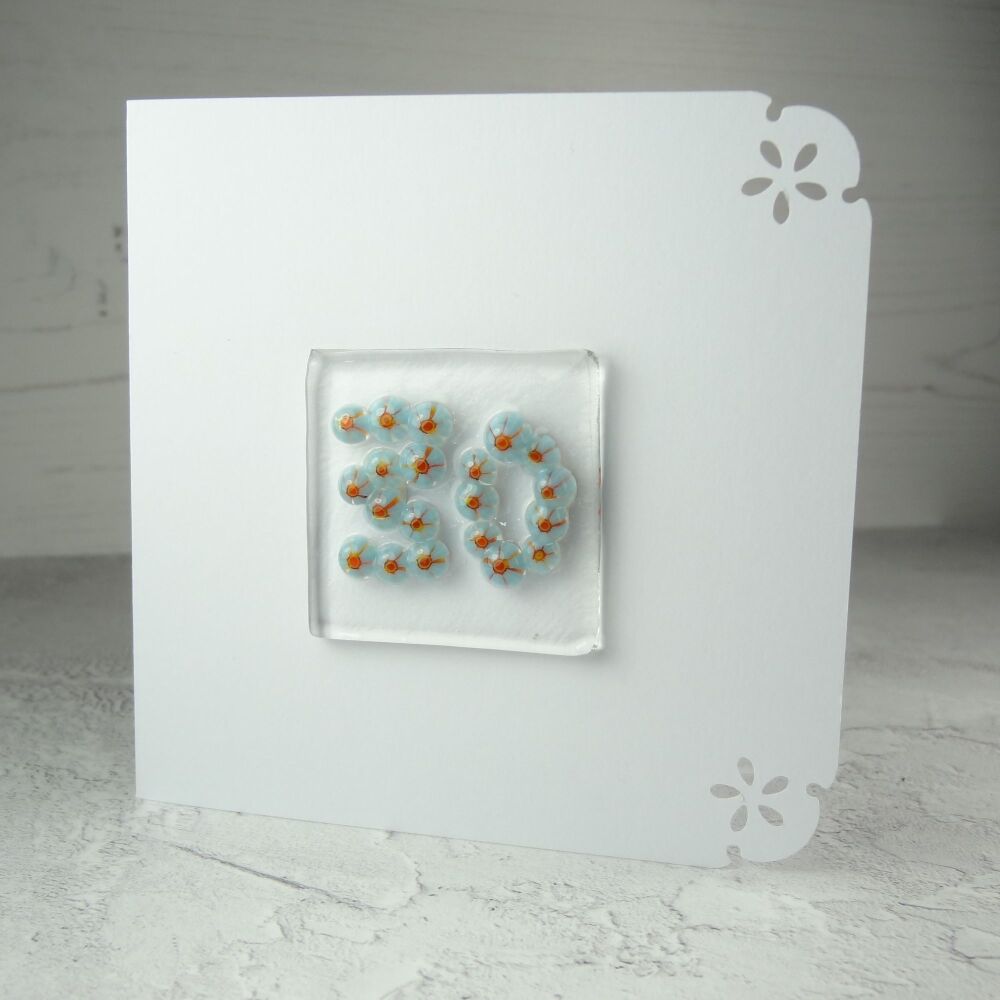 Milestone/significant age "30" handcrafted fused Murrini glass blank birthday card - 10cm card, 4cm glass (blue) (#690)