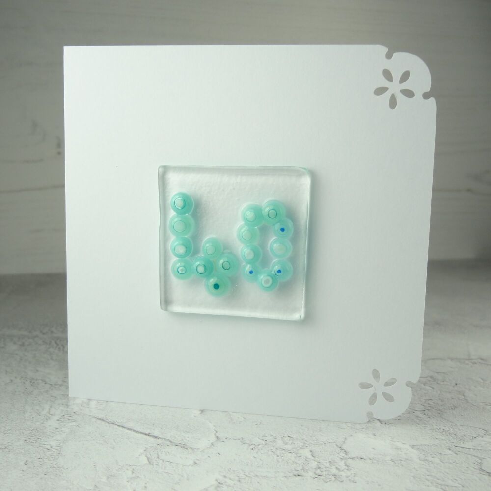 Milestone/significant age "40" handcrafted fused Murrini glass blank birthday card - 10cm card, 4cm glass (blue) (#691)