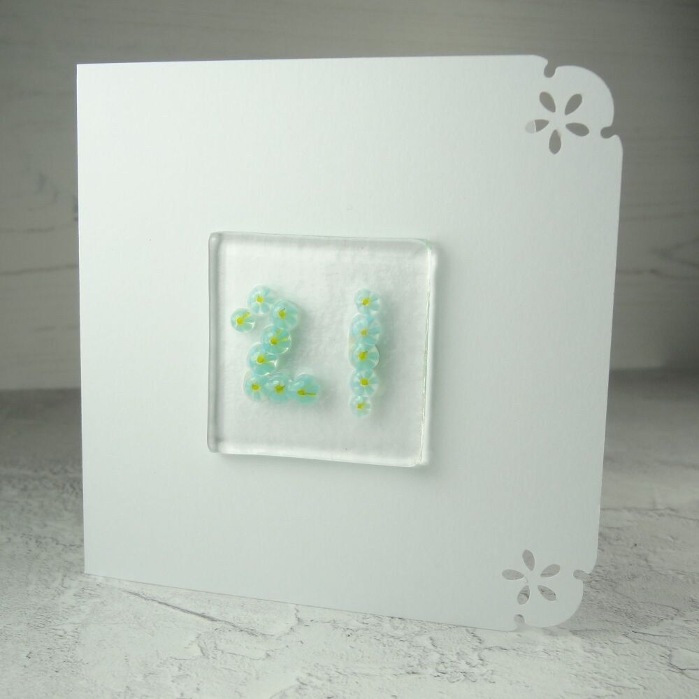 Milestone/significant age "21" handcrafted fused Murrini glass blank birthday card - 10cm card, 4cm glass (blue) (#687)