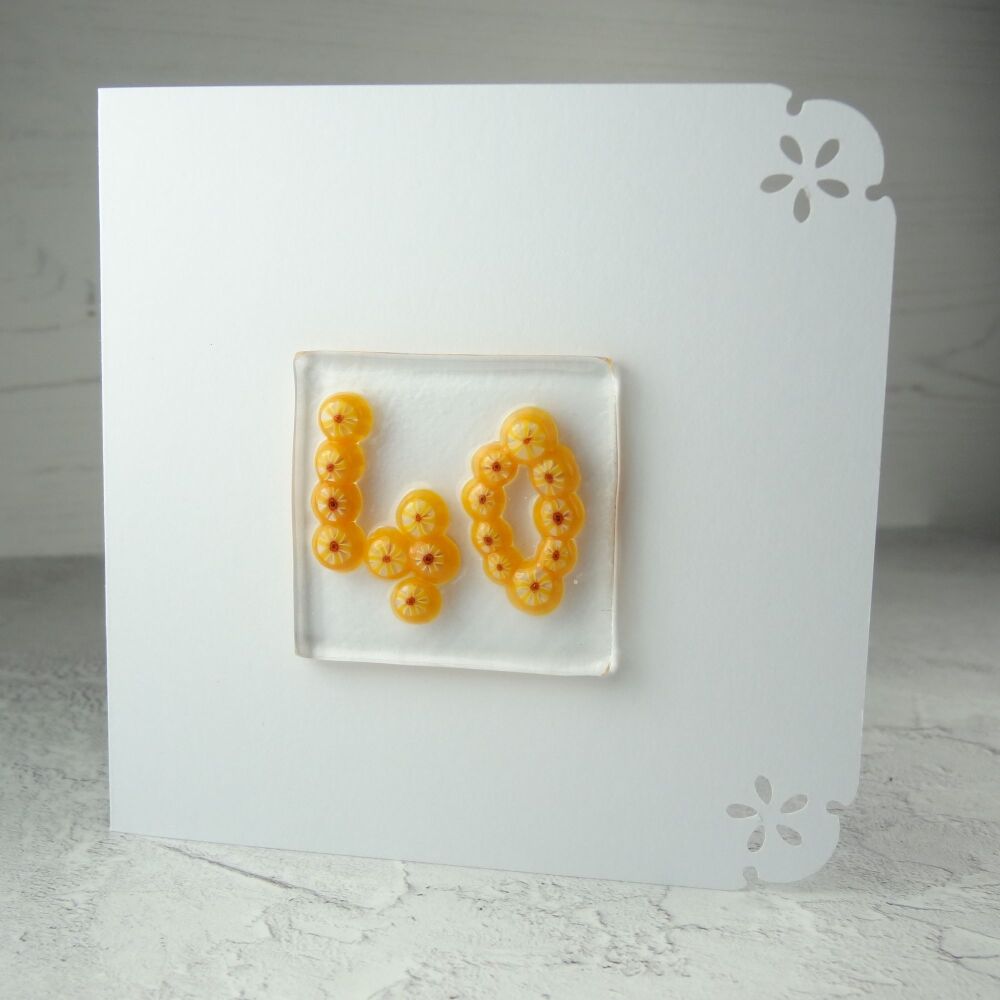 Milestone/significant age "40" handcrafted fused Murrini glass blank birthday card - 10cm card, 4cm glass (orange) (#692)