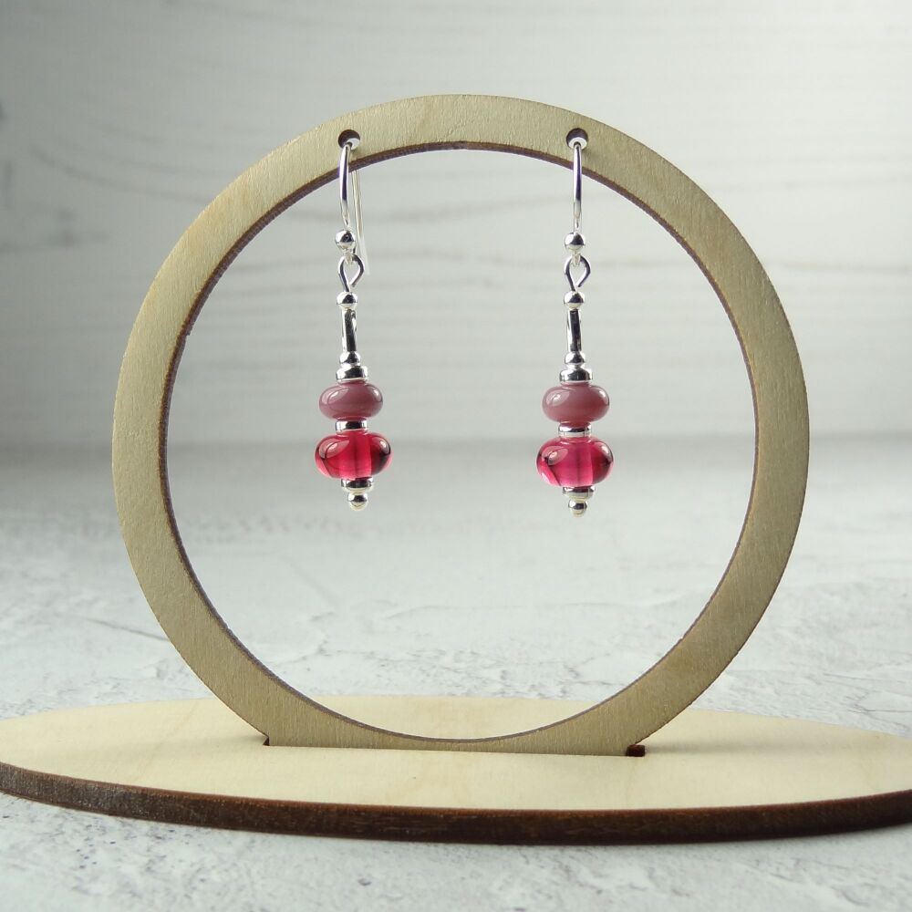 Pink handcrafted artisan lampwork glass drop sterling silver earrings on french wires with twists ~ UK made (#157)
