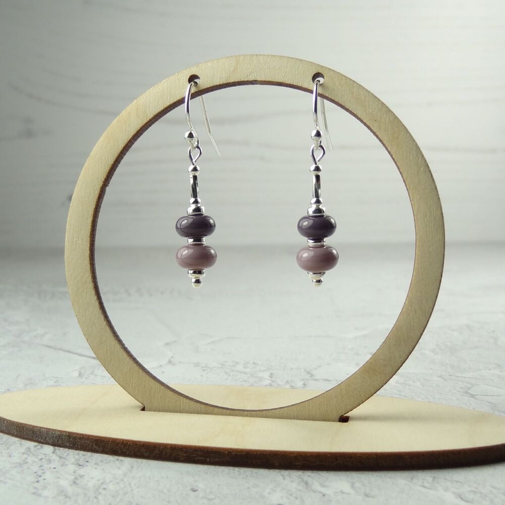 Purple handcrafted artisan lampwork glass drop sterling silver earrings on french wires with twists (#152)