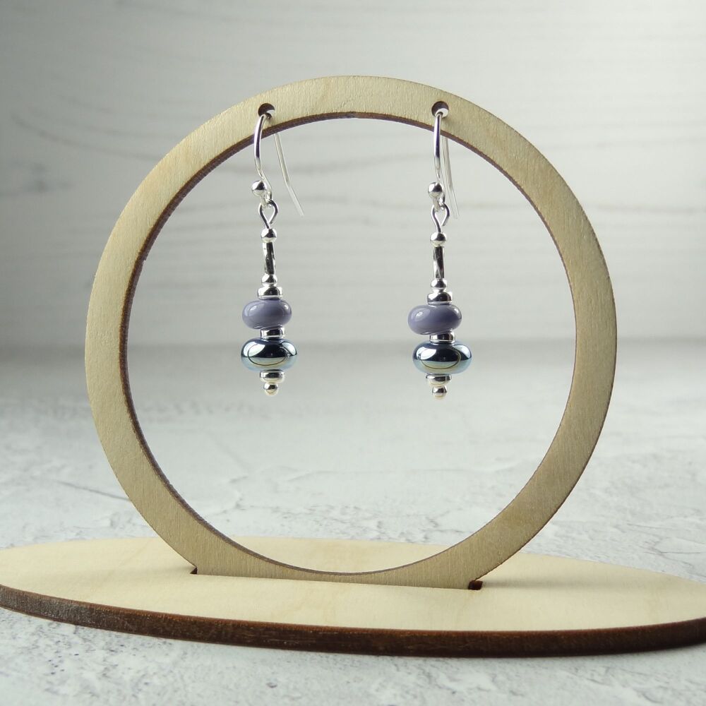Purple & metallic handcrafted artisan lampwork glass drop sterling silver earrings on french wires with twists (#153)