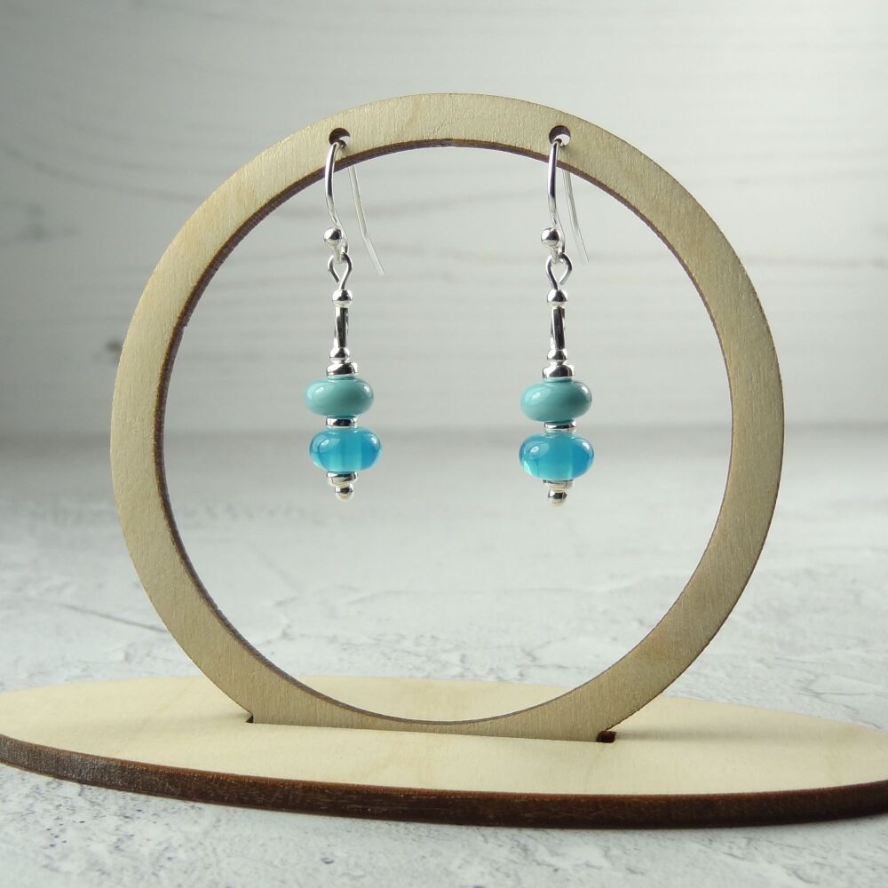 Blue/turquoise handcrafted artisan lampwork glass drop sterling silver earrings on french wires with twists (#168)