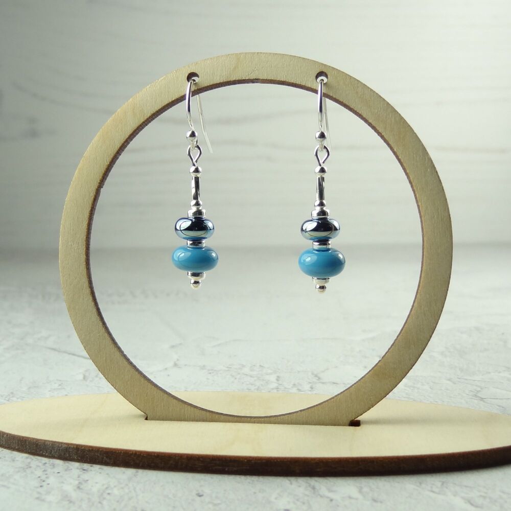 Blue & metallic handcrafted artisan lampwork glass drop sterling silver earrings on french wires with twists (#162)
