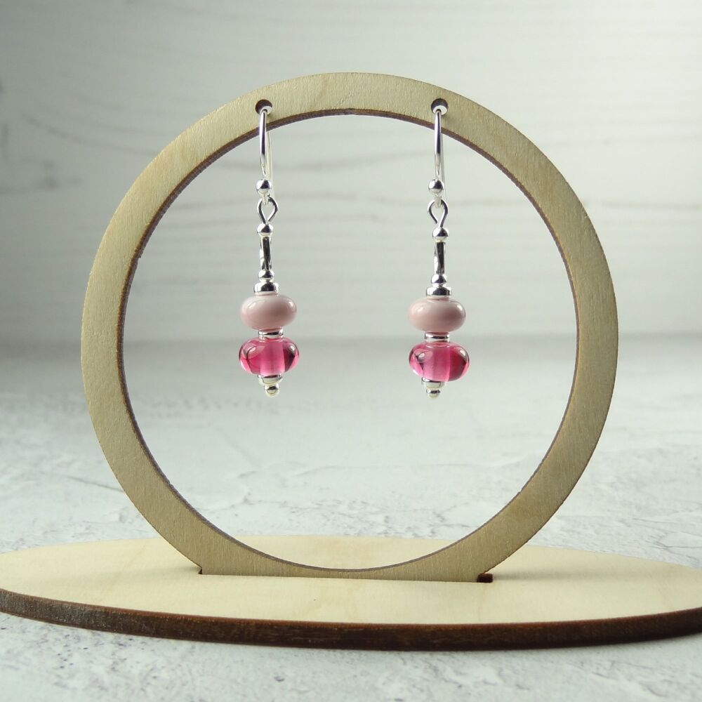 Pink handcrafted artisan lampwork glass drop sterling silver earrings on french wires with twists  (#155)