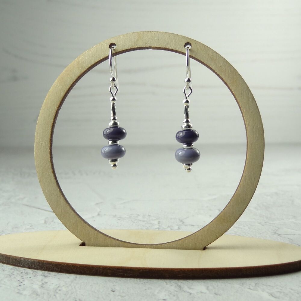 Purple handcrafted artisan lampwork glass drop sterling silver earrings on french wires with twists (#158)