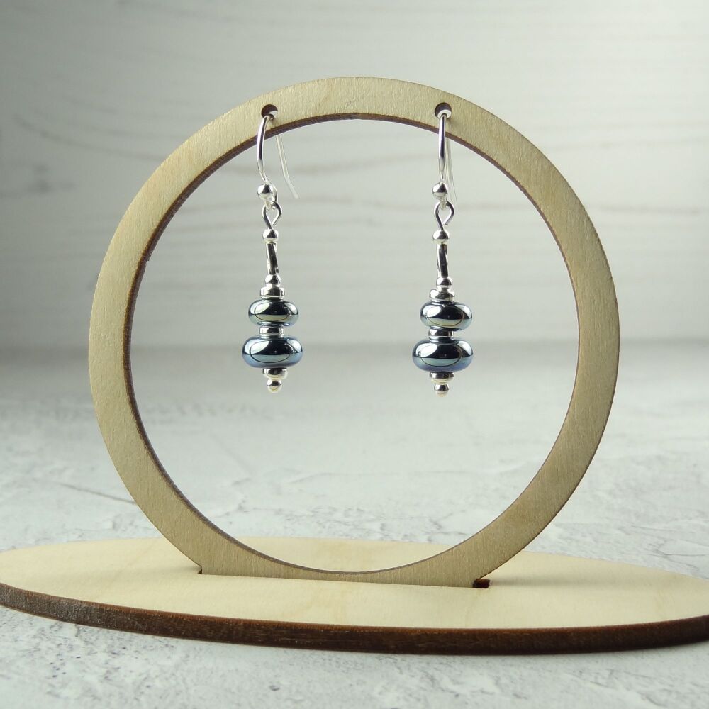 Metallic blue handcrafted artisan lampwork glass drop sterling silver earrings on french wires with twists (#165)