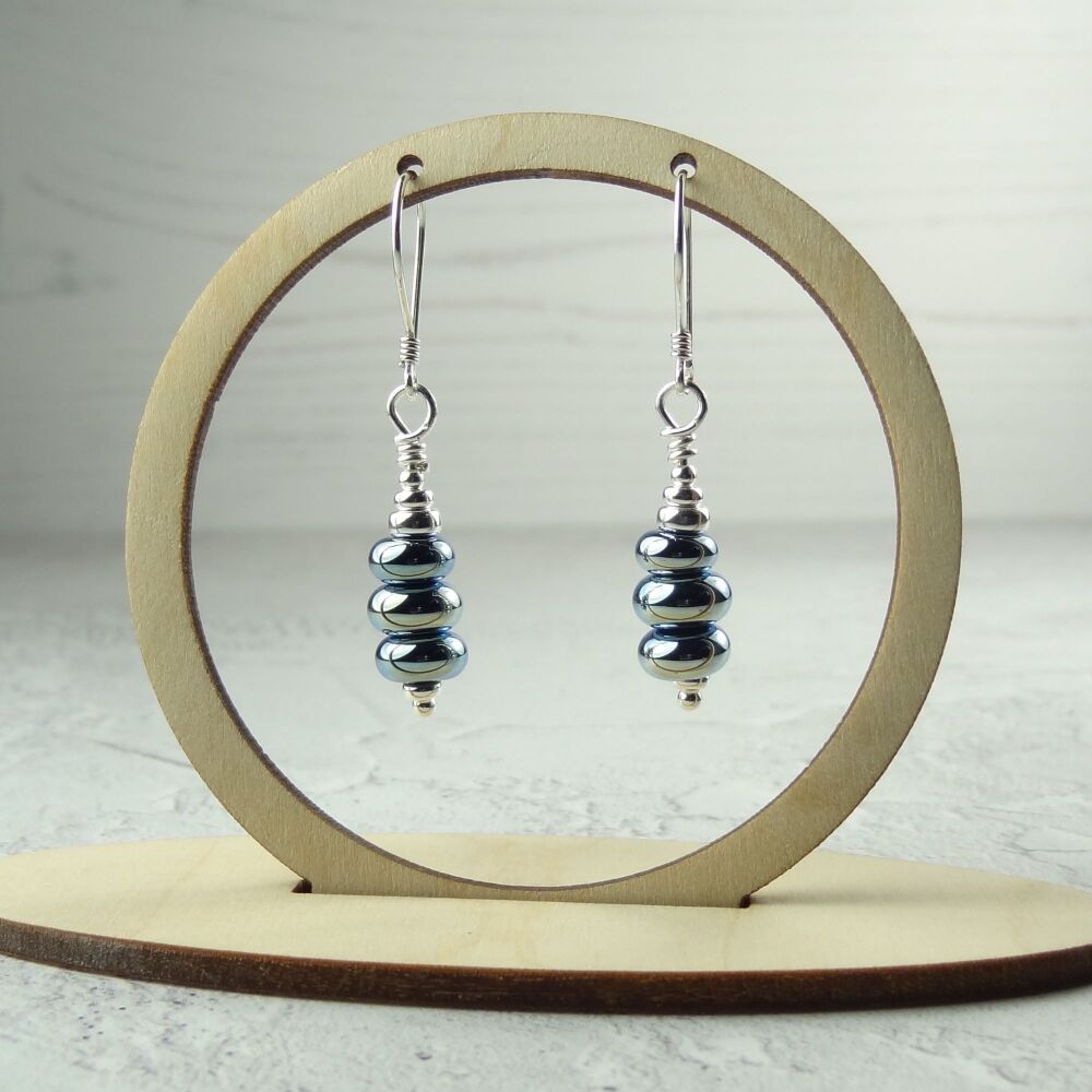 Metallic blue handcrafted artisan lampwork glass drop sterling silver earrings (#284)