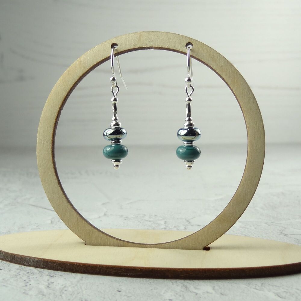 Teal & metallic handcrafted artisan lampwork glass drop sterling silver earrings on french wires with twists (#159)
