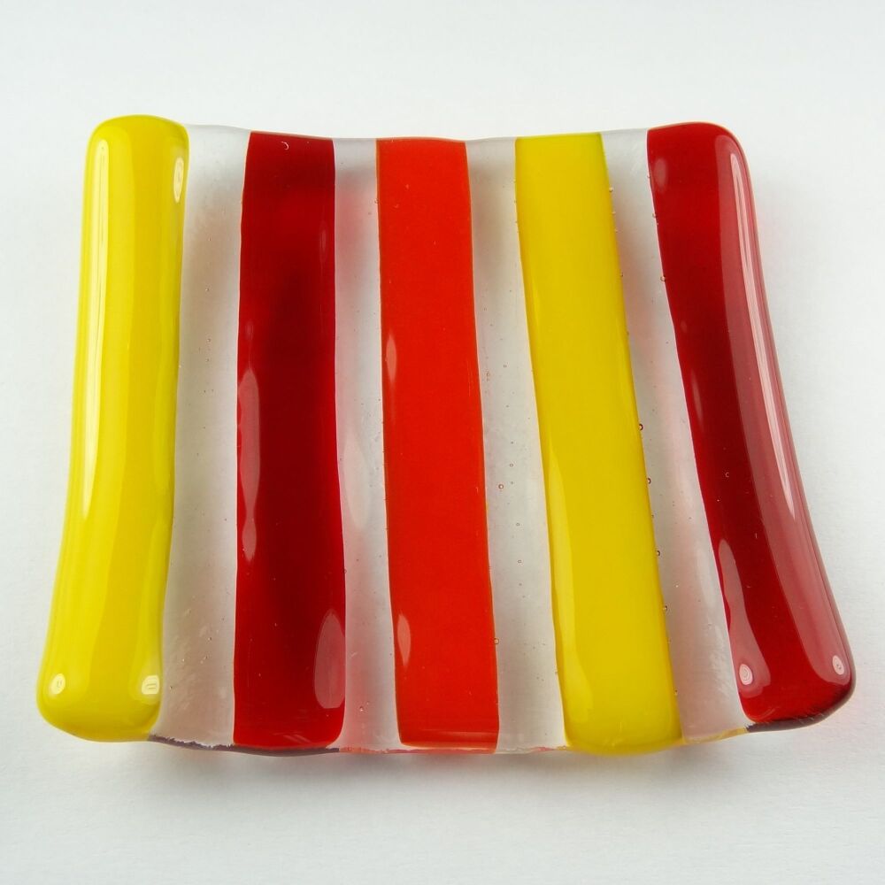 Handcrafted red and yellow striped fused glass shallow trinket dish, tea light holder or ornament to display (#8)