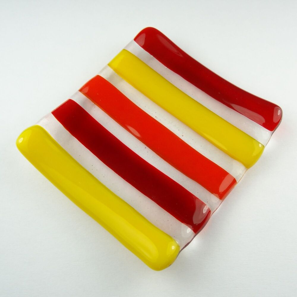 Handcrafted red and yellow striped fused glass shallow trinket dish, tea light holder or ornament to display (#8)