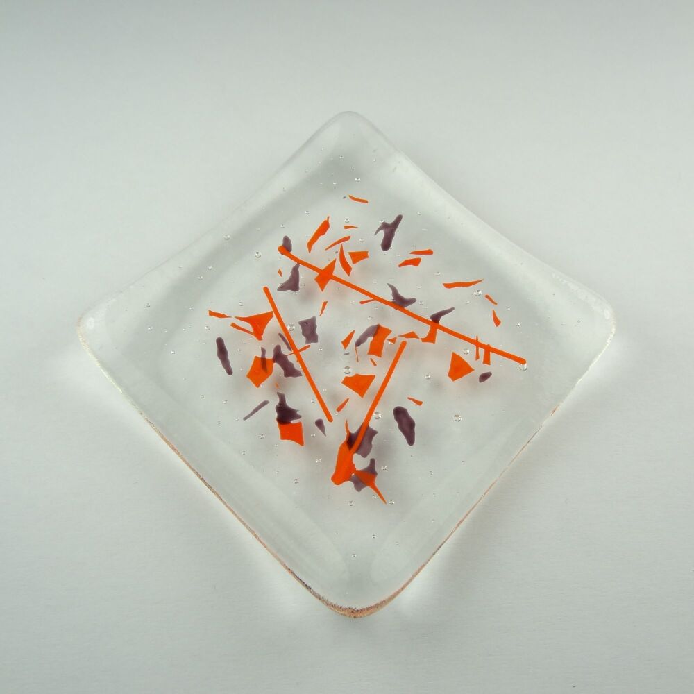 Handcrafted orange and purple confetti fused glass shallow trinket dish, tea light holder or ornament to display (#4)