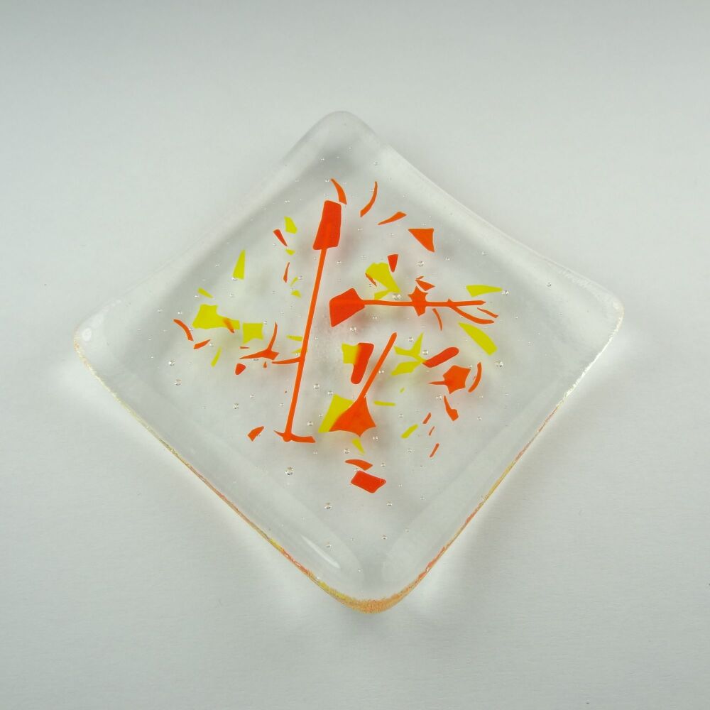 Handcrafted orange and yellow confetti fused glass shallow trinket dish, tea light holder or ornament to display (#3)