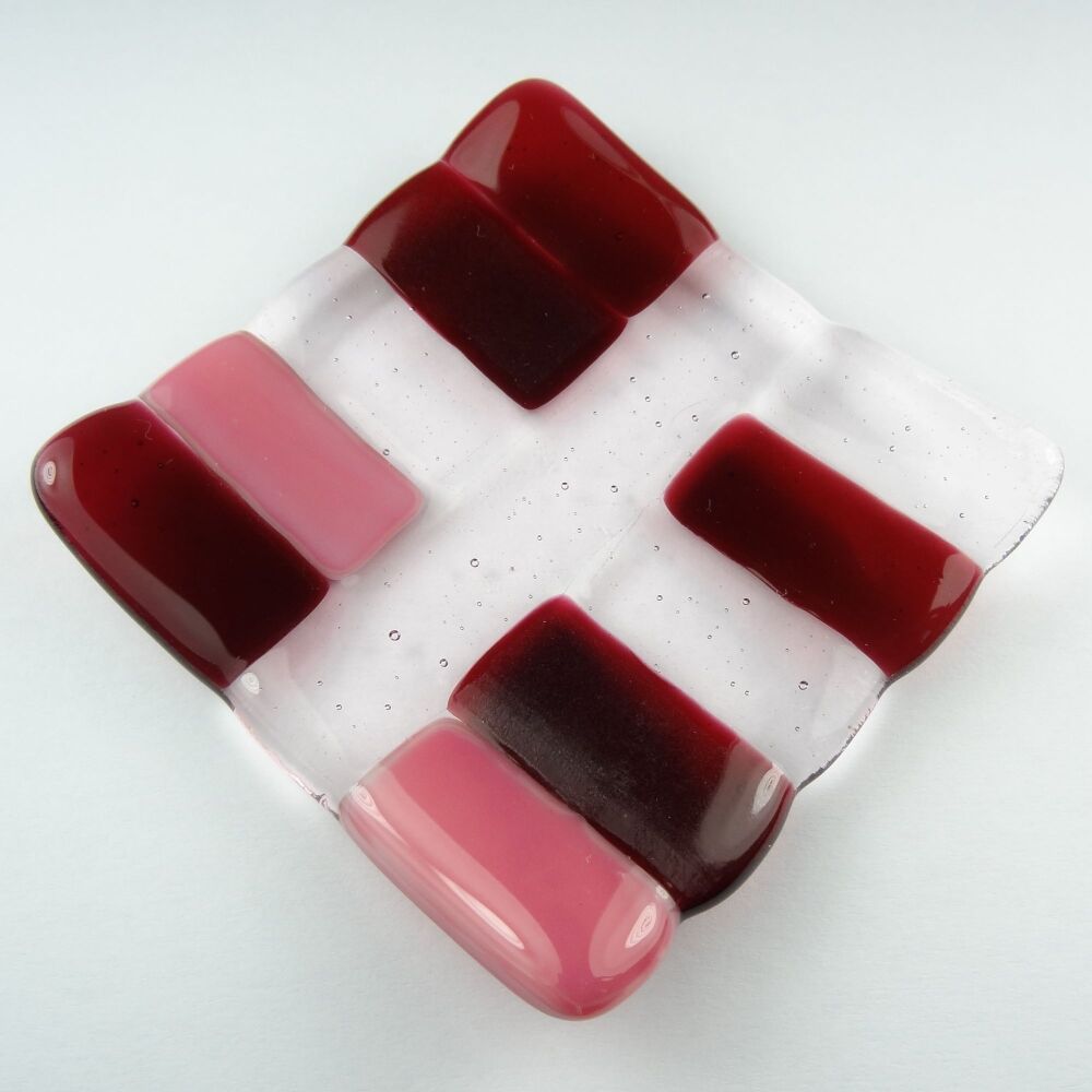 Handcrafted pink colour block fused glass shallow trinket dish, tea light holder or ornament to display (#7)