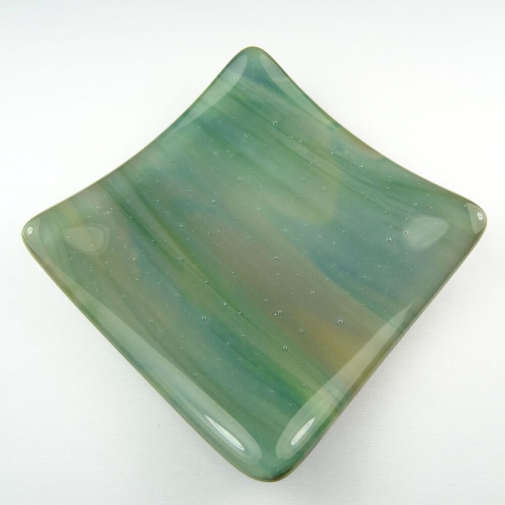 Handcrafted streaky green fused glass shallow trinket dish, tea light holder, or ornament to display (#32)