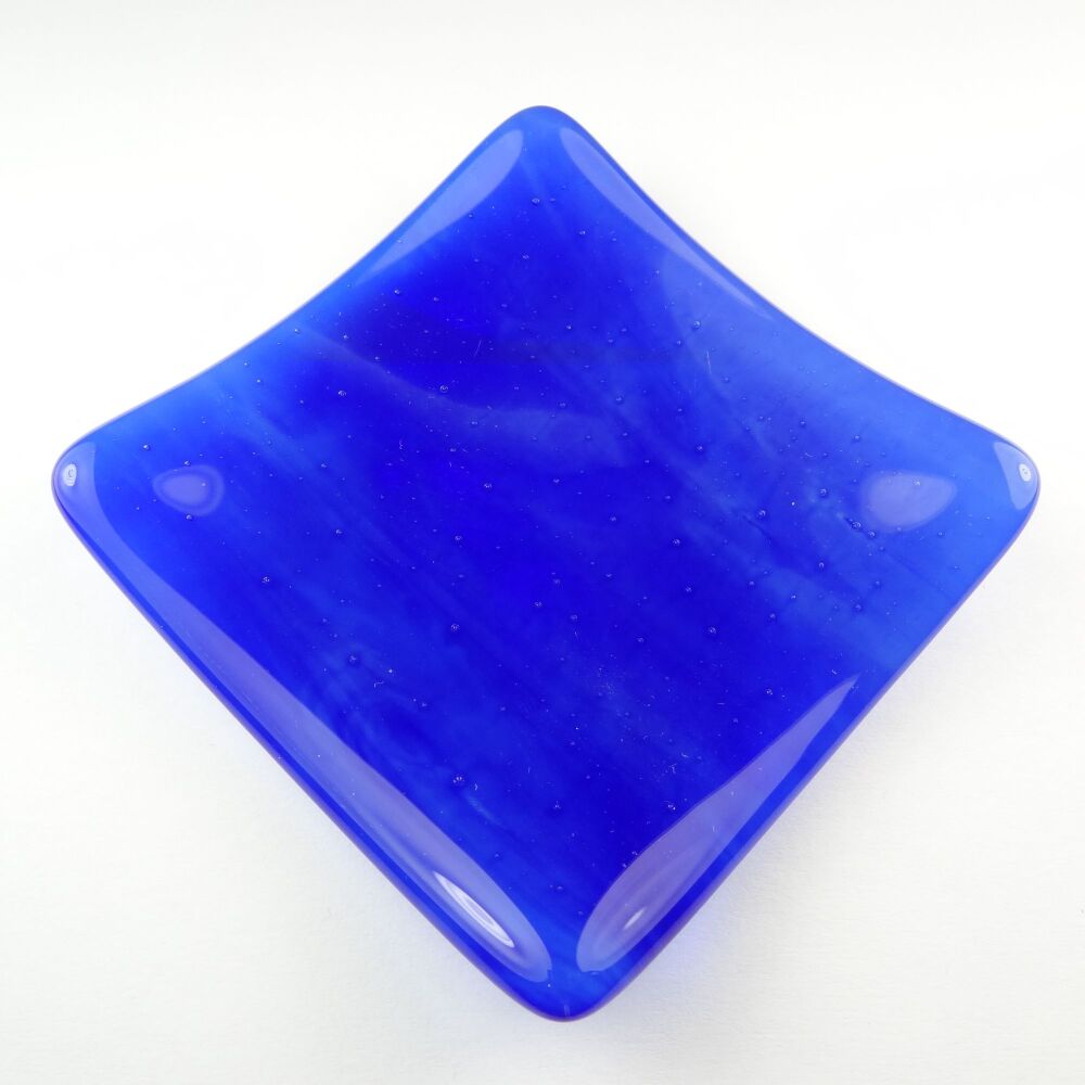 Handcrafted streaky blue fused glass shallow trinket dish, tea light holder or ornament to display (#31)