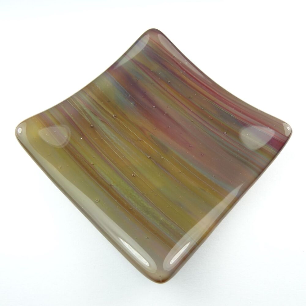 Handcrafted streaky multi-coloured fused glass shallow trinket dish, tea light holder or ornament to display (#27)