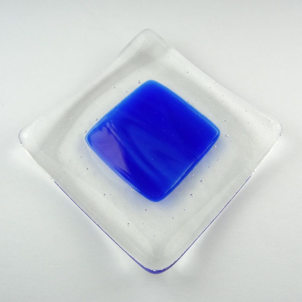 Handcrafted streaky blue block fused glass shallow trinket dish, tea light holder or ornament to display (#33)