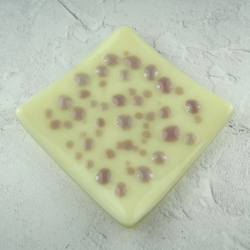 Handcrafted french vanilla cream and dusty lilac fused glass shallow trinket dish, tea light holder or ornament to display (#20)