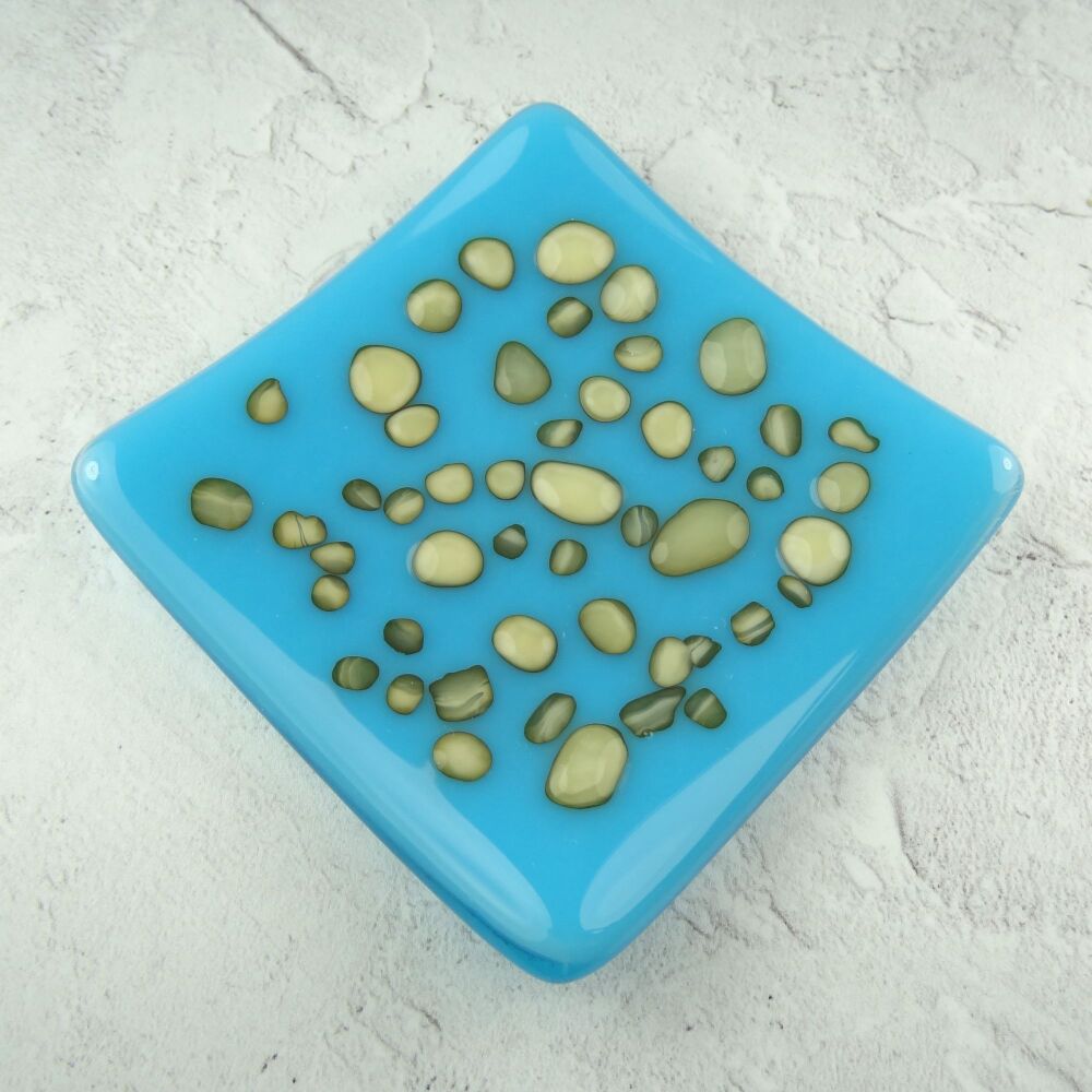 Handcrafted cyan blue and french vanilla cream fused glass shallow trinket dish, tea light holder or ornament to display (#19)