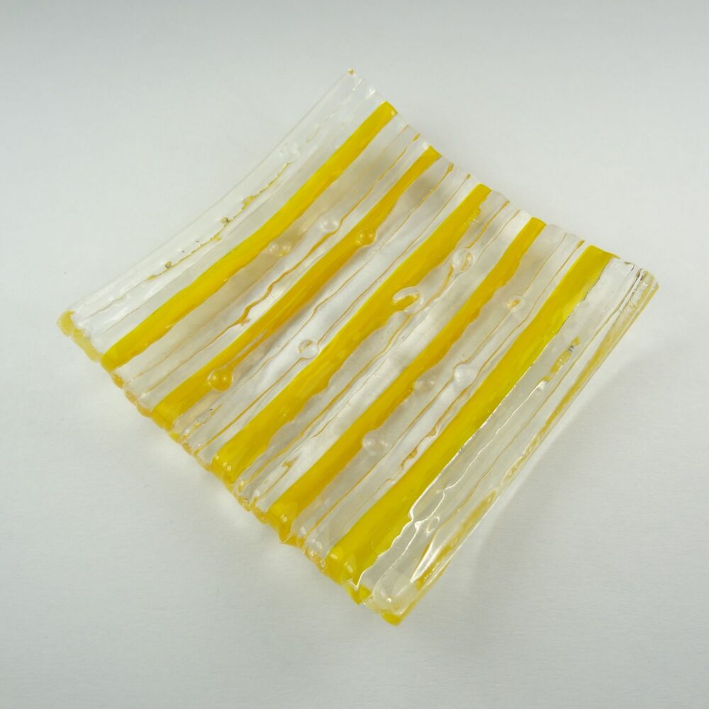 Handcrafted on-edge yellow fused glass shallow trinket dish, tea light holder or ornament to display (#15)