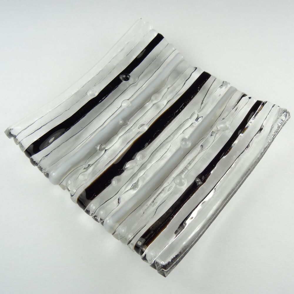 Handcrafted on-edge black & white fused glass shallow trinket dish, tea light holder or ornament to display (#16)