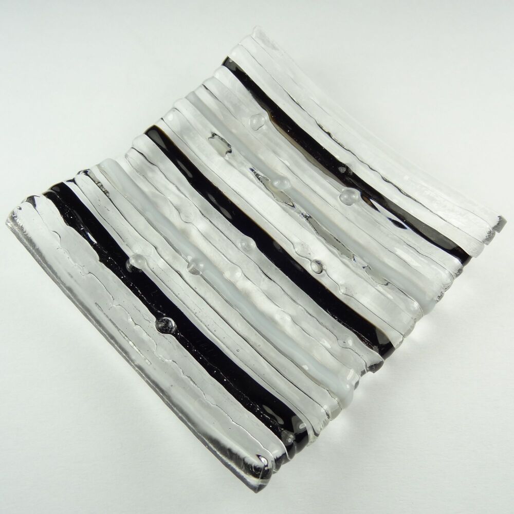 Handcrafted on-edge black & white fused glass shallow trinket dish, tea light holder or ornament to display (#16)