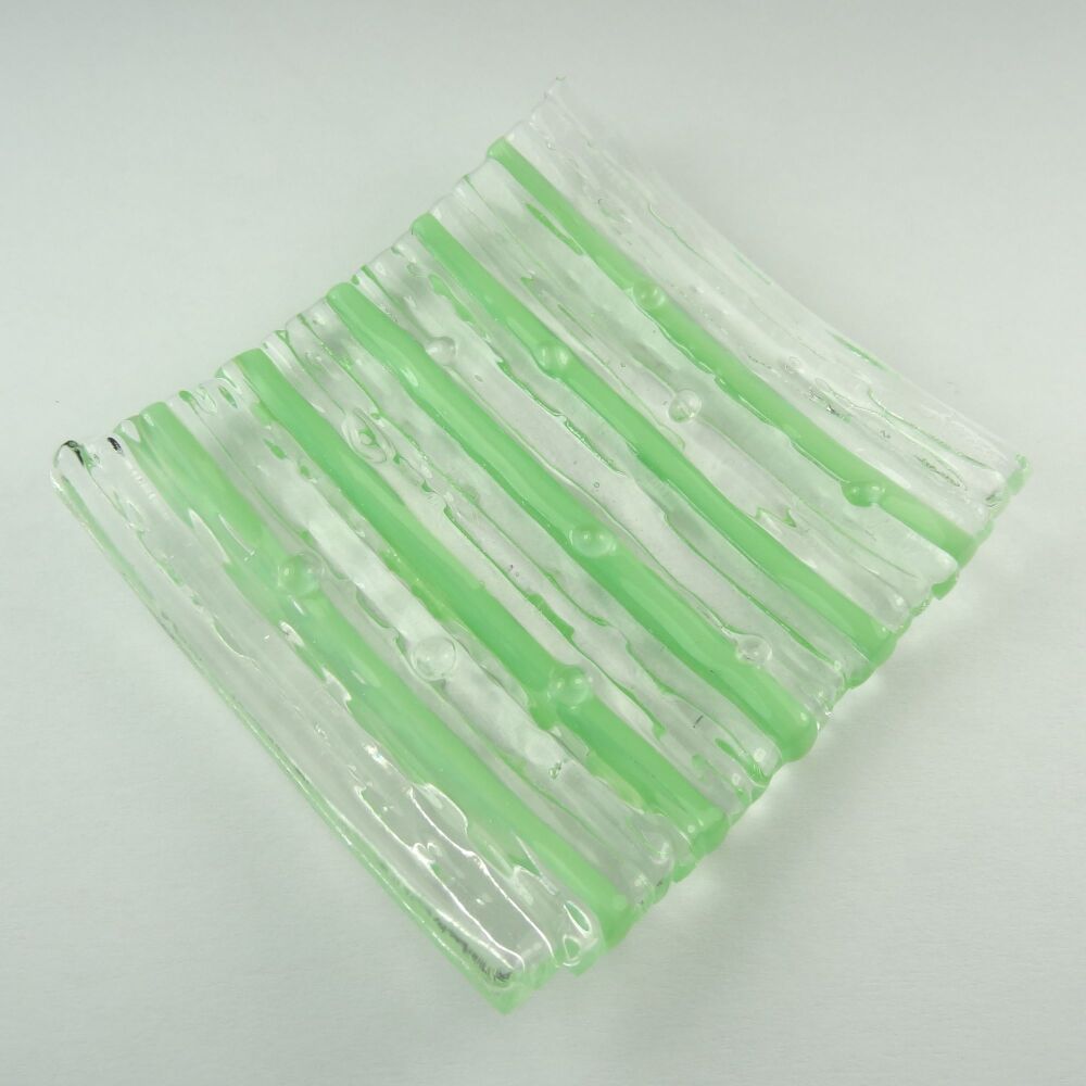 Handcrafted on-edge green fused glass shallow trinket dish, tea light holder or ornament to display (#18)