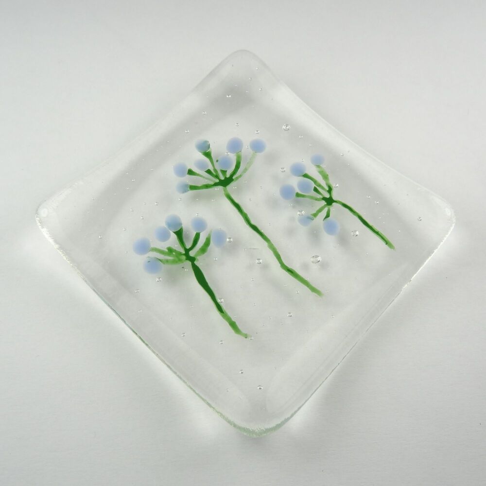 Handcrafted blue flowers fused glass shallow trinket dish, tea light holder or ornament to display (#11)