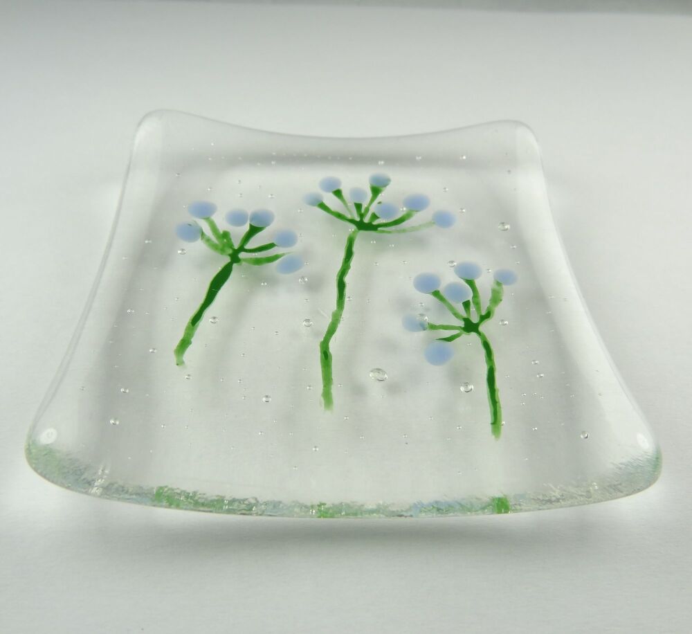 Handcrafted blue flowers fused glass shallow trinket dish, tea light holder or ornament to display (#11)